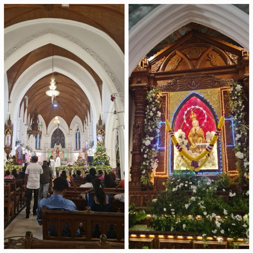 The image of Our Lady of Mylapore is of wood, three feet high and represents Our Lady seated on a Throne, her hands joined in prayer and her eyes piously cast down. Seeing her in that posture, one's thoughts fly back to the invocation, "Comforter of the afflicted" of the Litany of Loretto and to the "Salve Regina"; 'turn then, most gracious Advocate, thine eye of mercy towards us'. She wears a long-sleeved robe; a veil covers the head falling upon her shoulders in the form of a long mantle; both mantle and veil are gilt. Her mouth, nose and eye are finely fashioned