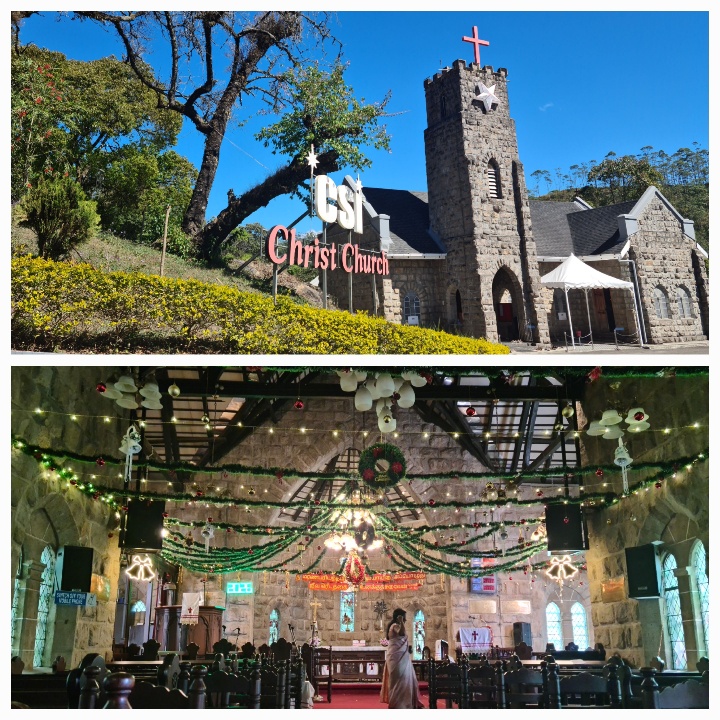 Exterior of a black basalt church with a prominent nave and bell-tower - and the interior decorated for Christmas