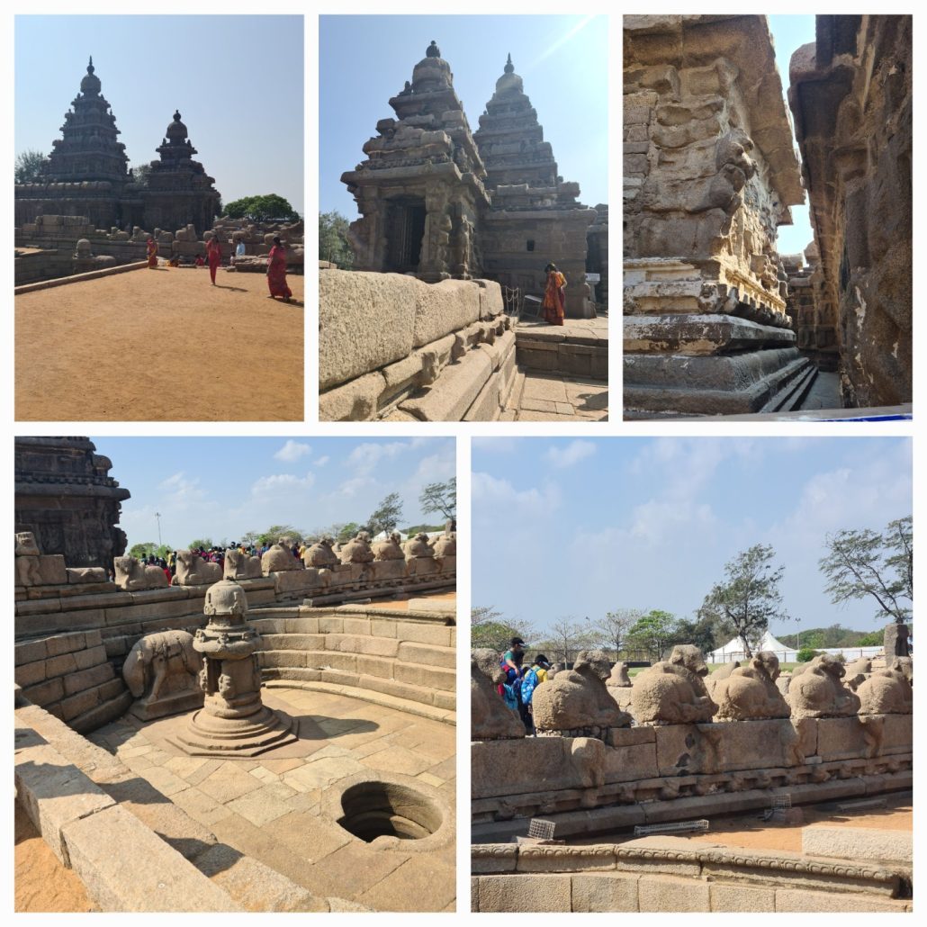 A collage of 5 photos showing the remains of a complex of temples and shrines that overlooks the shore of the Bay of Bengal. It is a structural temple, built with blocks of granite, dating from the 8th century AD