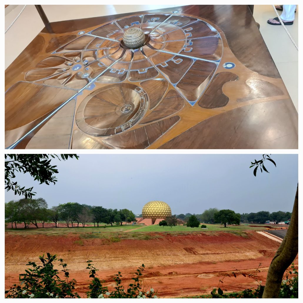 Collage of 2 photos. 1. A model in wood showing a ball in the centre and then nine lines radiating outwards section off various gardens. 2. What looks like a huge gold golfball sitting in trees surrounded by excavated red earth