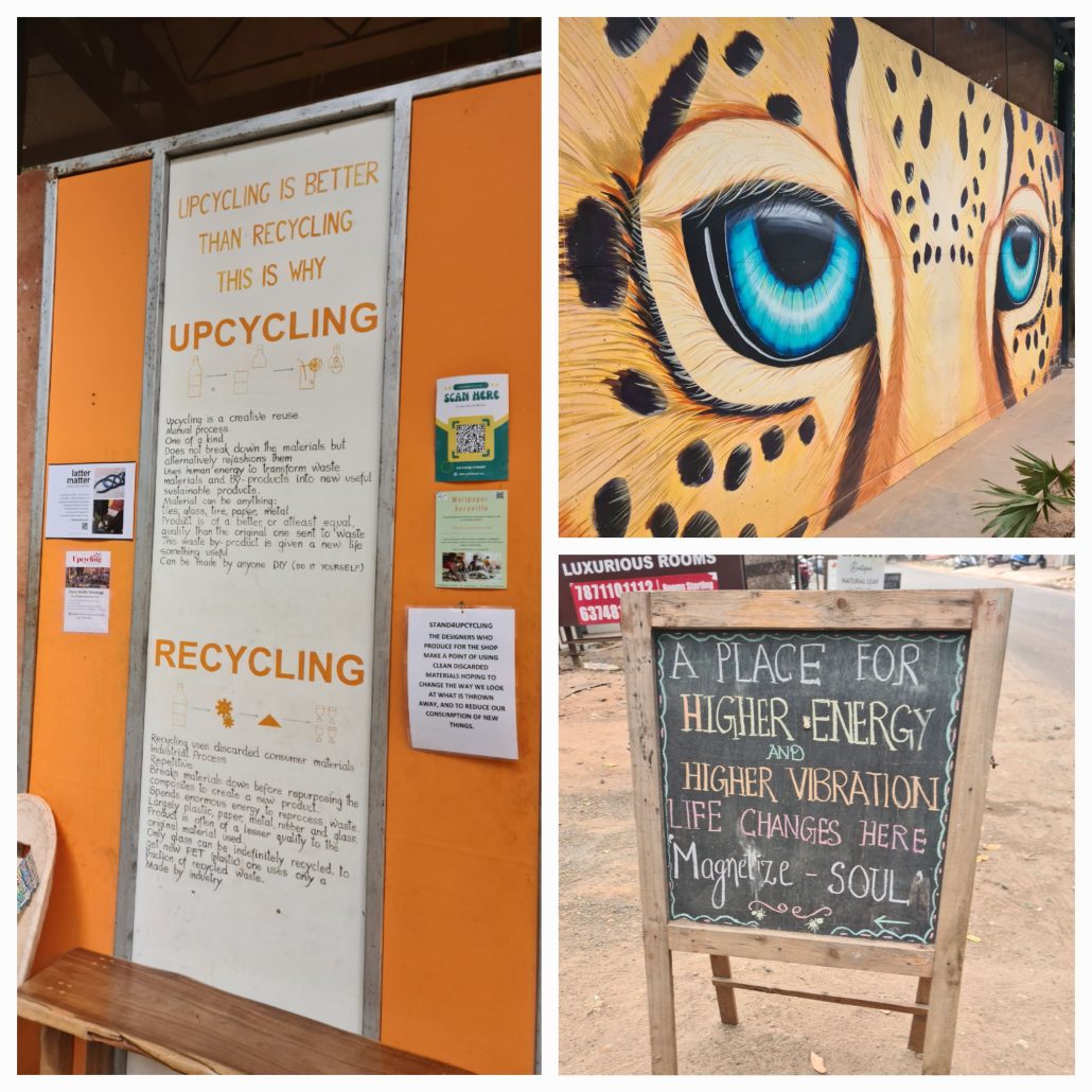A collage of 3 photso. 1 a mural of a tiger's eyes. 2. a chalkboard in a stand that reads A place for higher energy and higher vibration. Life changes here. Magnetize - soul. 3. Upcycling is better than recycling. This is why upcycling. Upcycling is a creative reuse. Manual process. One of a kind. Does not break down materials but alternatively refashions them. Use human energy to transform waste materials and by-products into new useful sustainable products. Material can be anything. Tiles, glass, tire, paper, metal. Product is of a better or at least equal quality than the original one sent to waste. This waste by-product is given a new life. Something useful. Can be made by anyone DIY(do it yourself). Recycling Recycling uses discarded consumer materials Individual process Repetitive Breaks materials down before repurposing the composites to create a new product Spends enormous energy to reprocess waste Largely plastic, paper, metal, rubber and glass Product is often of a lesser quality to the original material used Only glass can be indefinitely recycled To get new PET (plastic) one uses only a fraction of recycled waste Made by industry