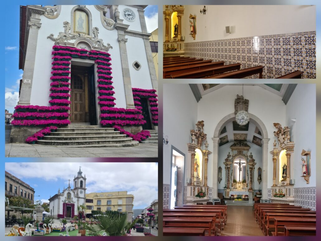 It was built in 1360. It has three naves and a neoclassical altar with images of Our Lady of the Assumption and Saint Peter. The altar of the left nave is Baroque and houses the images of Our Lady of Rosary and the Madonna and Child. 1. Facade covered in pink flowers. 2. wall tiled with ceramic tiles. 3. Square with the church 4. Church interior