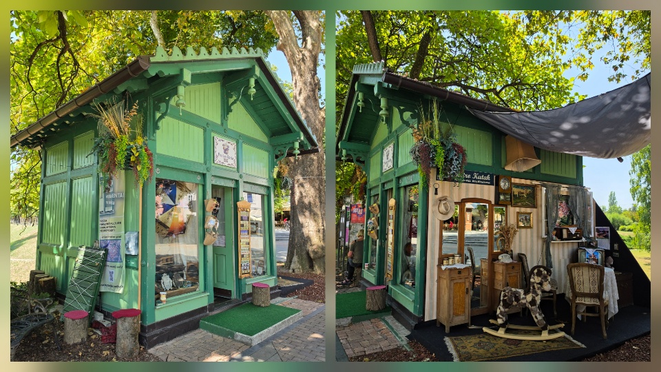 Green wooden kiosk dated 1897 - back side shows a display of old furniture