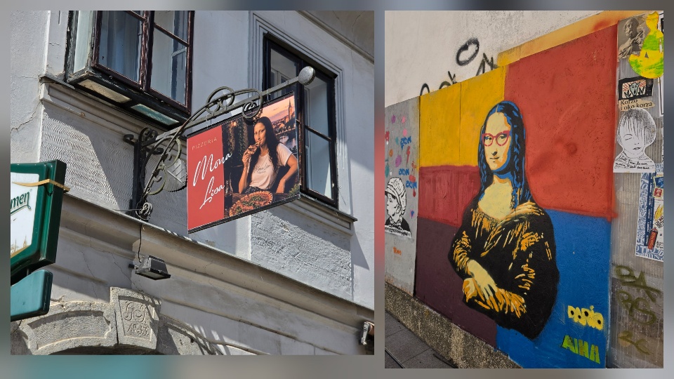 Two images of the Mona Lisa .One on a pizzeria sign showing her in a tshirt eating a pizza, the other painted on a wall showing her in red glasses