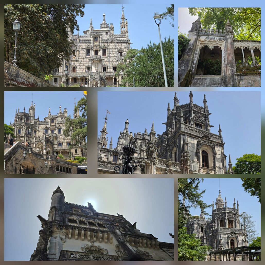 Collage of six photographs showing the ornate stone architecture of Quinta da Regaleira in Sintra, Portugal, featuring Gothic and Manueline-inspired towers, spires, carved façades, balconies, arches, and decorative stonework surrounded by lush greenery under a clear blue sky.