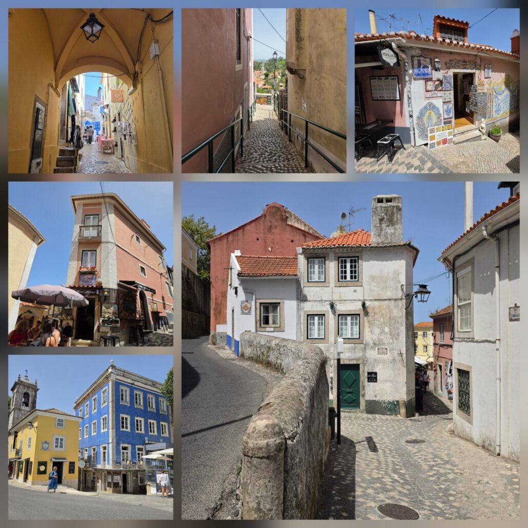 Collage of six photographs showing the colorful historic streets of Sintra, Portugal, with narrow cobblestone lanes, traditional white and pastel-painted houses, red-tiled roofs, decorative Portuguese azulejo tiles, small shops and cafés, and a blue-sky backdrop.