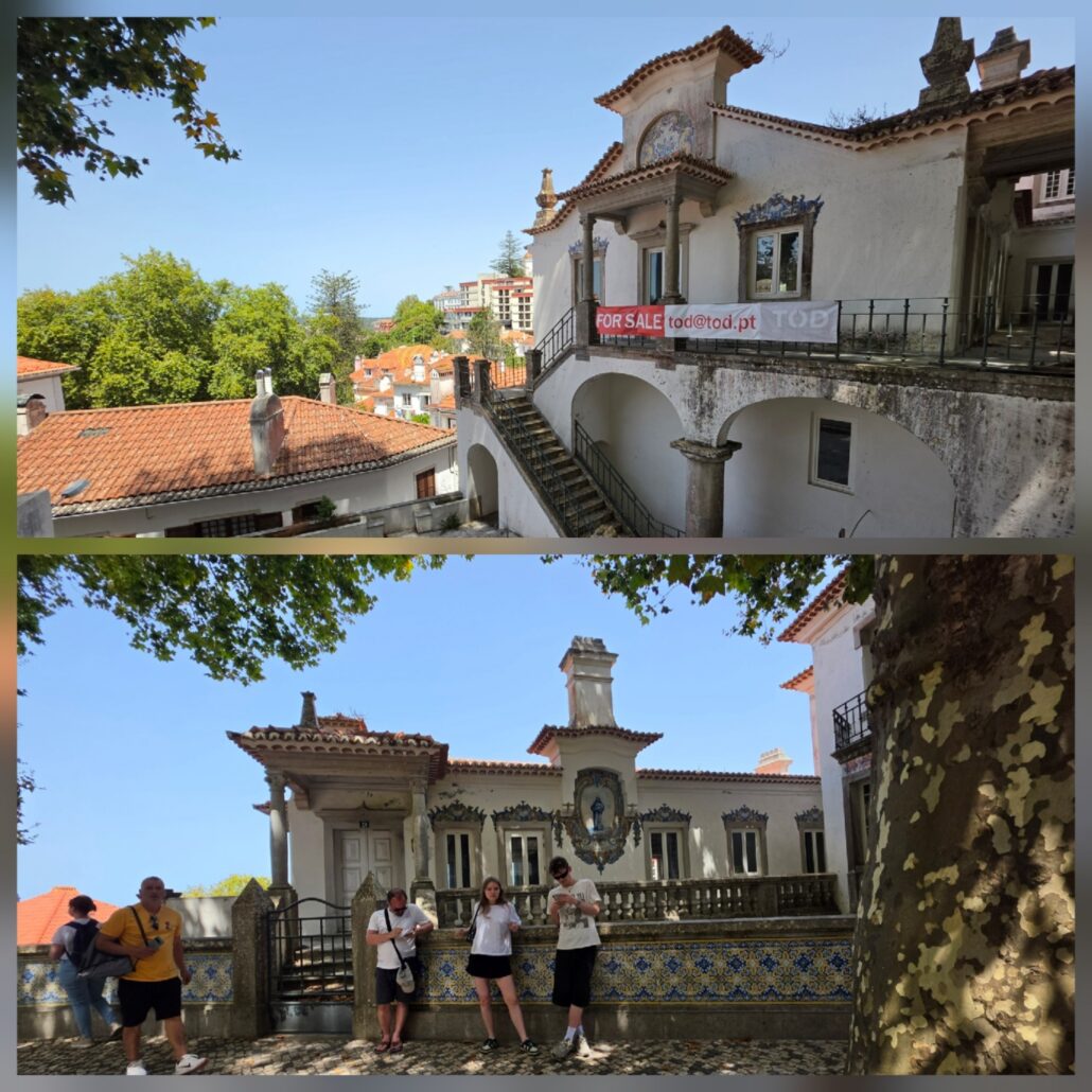 Two photographs of a historic Portuguese villa in Sintra, featuring white stucco walls, red-tiled roofs, stone arches and columns, ornate blue-and-white azulejo tilework, and a decorative ceramic panel. The lower image shows several visitors standing beside the tiled courtyard façade beneath a large tree
