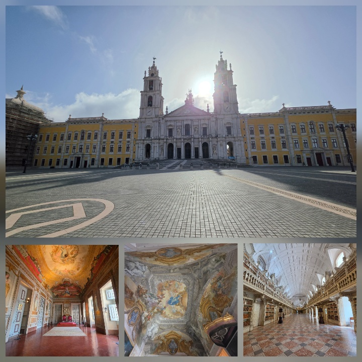 Collage of photographs showing the National Palace of Mafra in Portugal: a grand yellow-and-white Baroque façade with twin bell towers surrounding a large paved square, along with ornate interior rooms featuring painted ceilings, elaborate frescoes, gilded details, and a vast marble-floored library.
