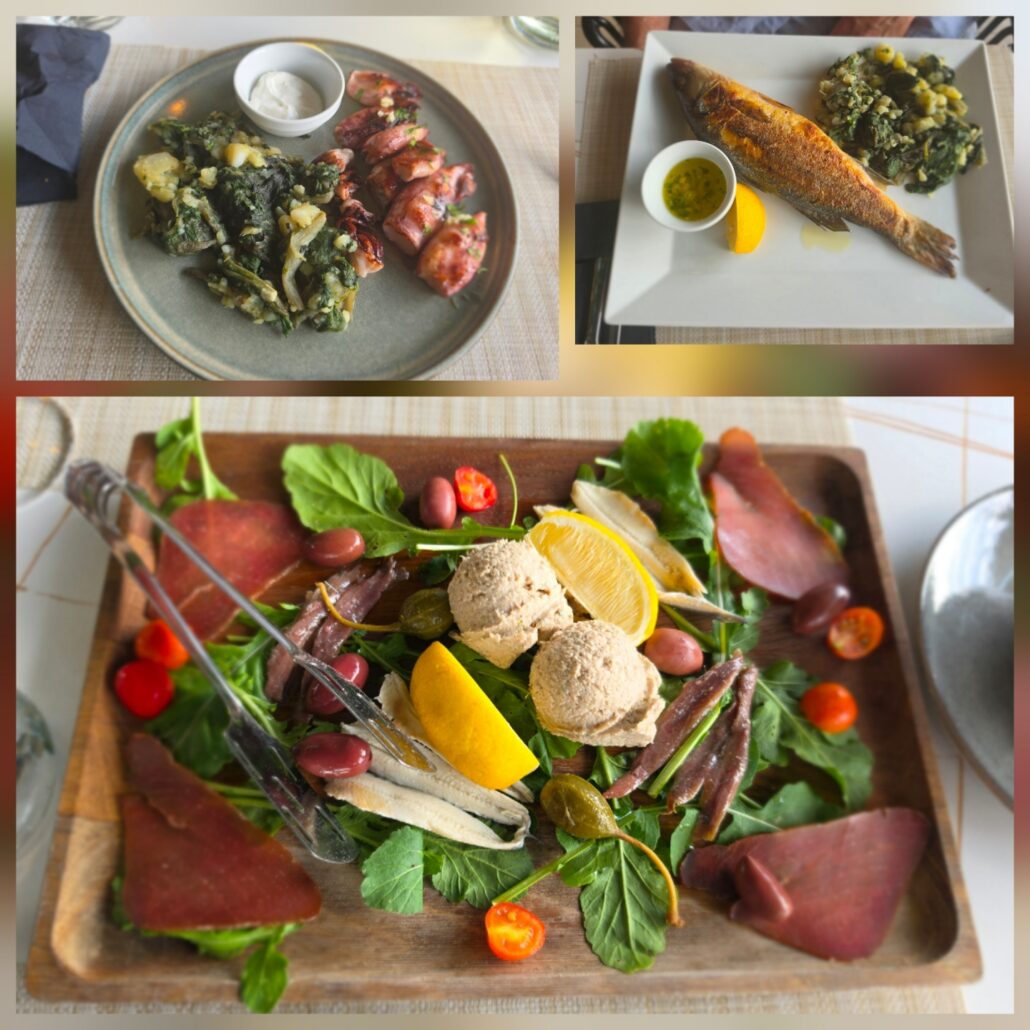 Collage of food photos - grilled squid with potatoes and chard, whole fish, plate of tuna carpaccio with salad