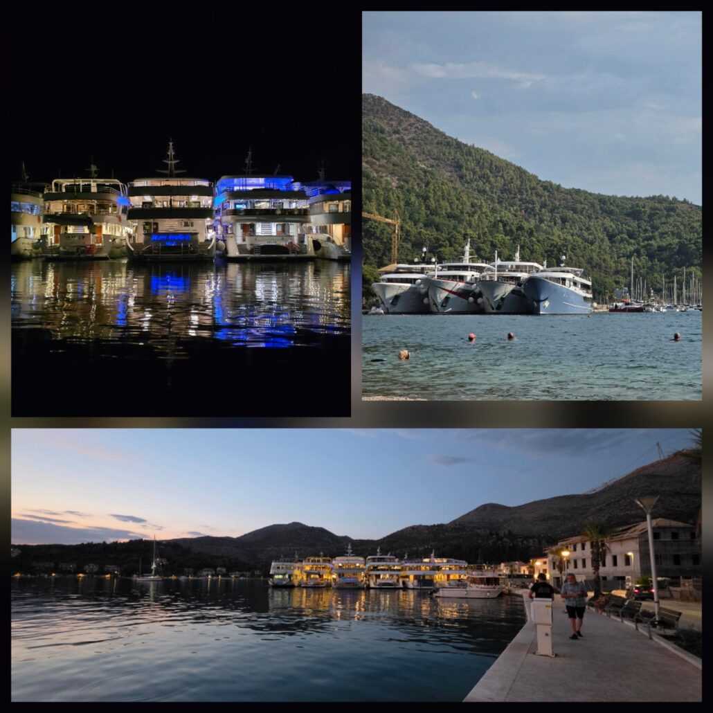 Collage of mini cruise ships berthed - one during the day, another at night. Also a view of the promenade against the water