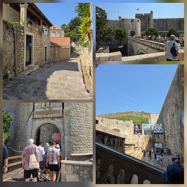 A four-photo collage of a historic stone fortress and surrounding streets, showing a narrow cobbled lane, a fortified entrance and bridge, and views of massive stone walls and a hillside beyond, with tourists exploring the site.