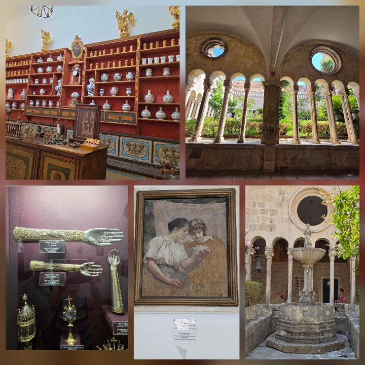 A five-photo collage showing historic interiors and courtyard architecture, including shelves of antique ceramic vessels, a stone colonnade and garden, religious artifacts in a display case, a framed painting of two women, and a stone fountain in a cloistered courtyard.