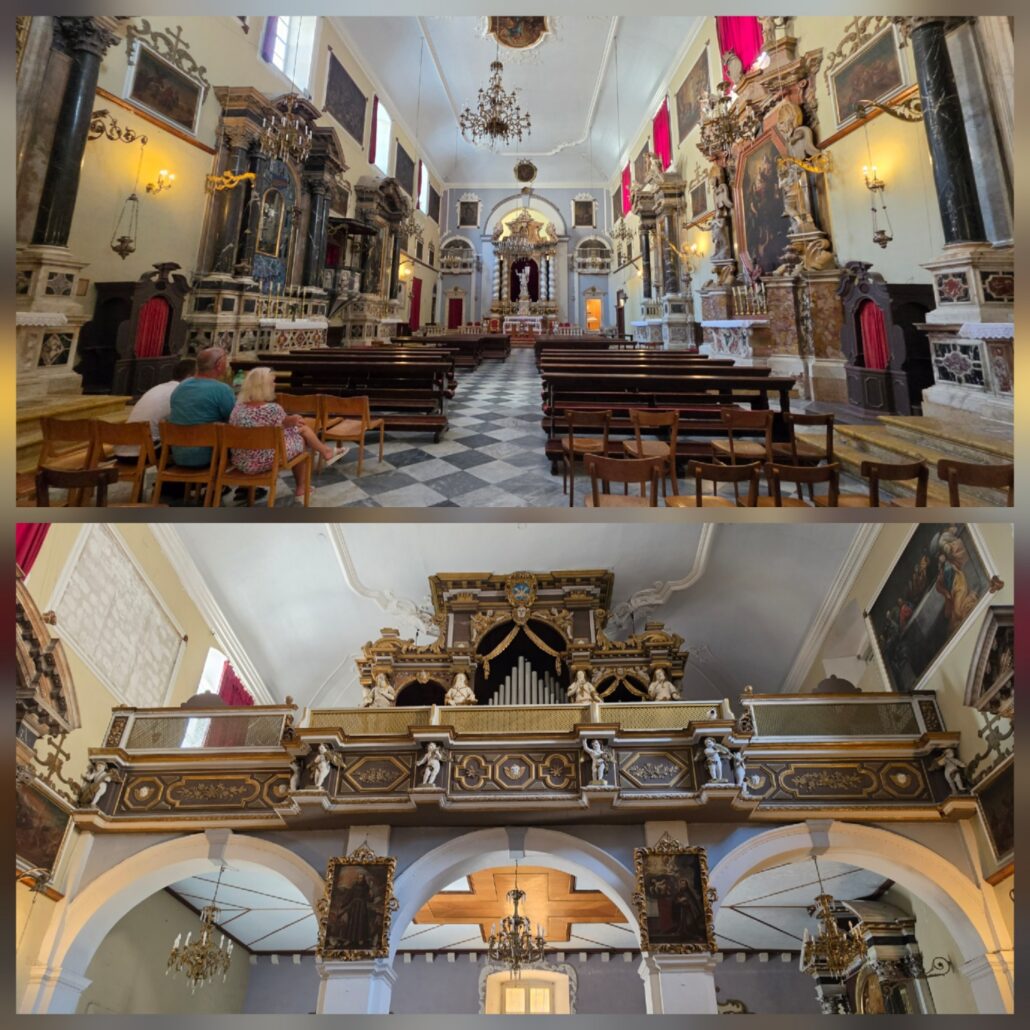 A two-photo collage showing the ornate interior of a historic Baroque church. The upper photo looks down the nave toward a richly decorated main altar, with marble altars, religious paintings and statues, chandeliers, red curtains, and rows of wooden pews. The lower photo shows an elaborate gilded organ gallery decorated with carved figures and ornamental details.