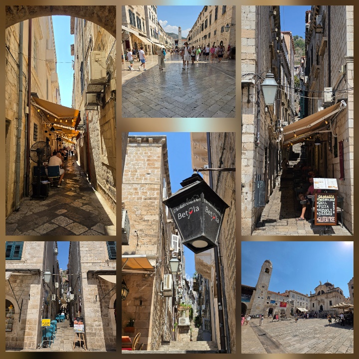 A six-photo collage of Dubrovnik’s historic Old Town, showing narrow stone alleyways with cafés and shops, the polished main pedestrian street, historic stone buildings and lanterns, and a sunny square with a church and bell tower.