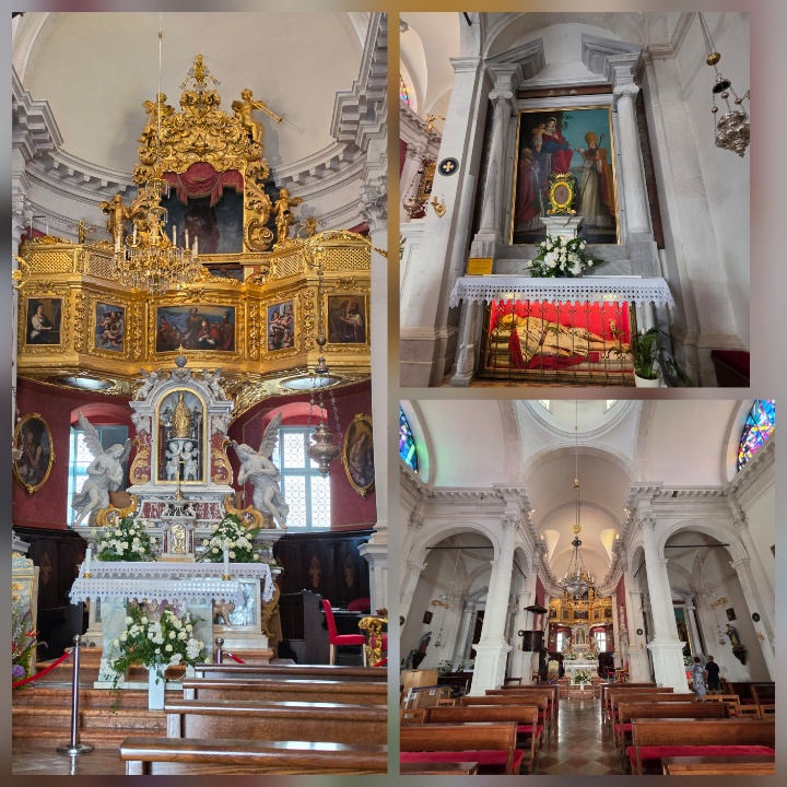 A three-photo collage of an ornate historic church interior, featuring richly gilded Baroque altars, religious paintings and statues, chandeliers, stained-glass windows, and rows of wooden pews.
