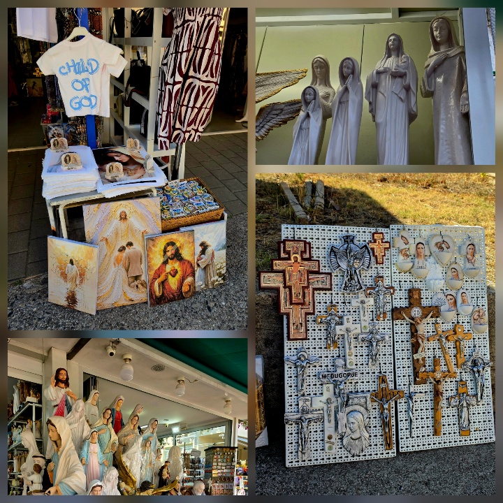 A collage of religious souvenirs in Međugorje, including paintings and statues of Jesus and Mary, crosses, rosaries, and devotional artwork.