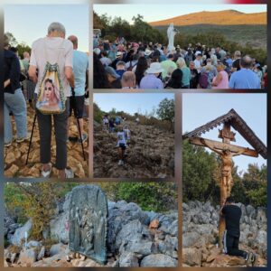 A collage showing pilgrims gathered around a statue of the Virgin Mary on Apparition Hill, people climbing the rocky hillside, and religious crosses and sculptures along the pilgrimage route.