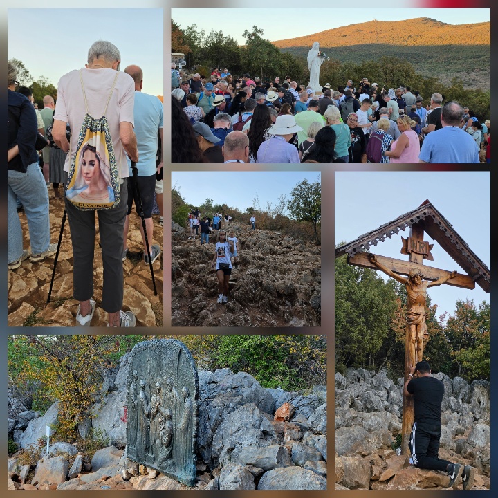 A collage showing pilgrims gathered around a statue of the Virgin Mary on Apparition Hill, people climbing the rocky hillside, and religious crosses and sculptures along the pilgrimage route.