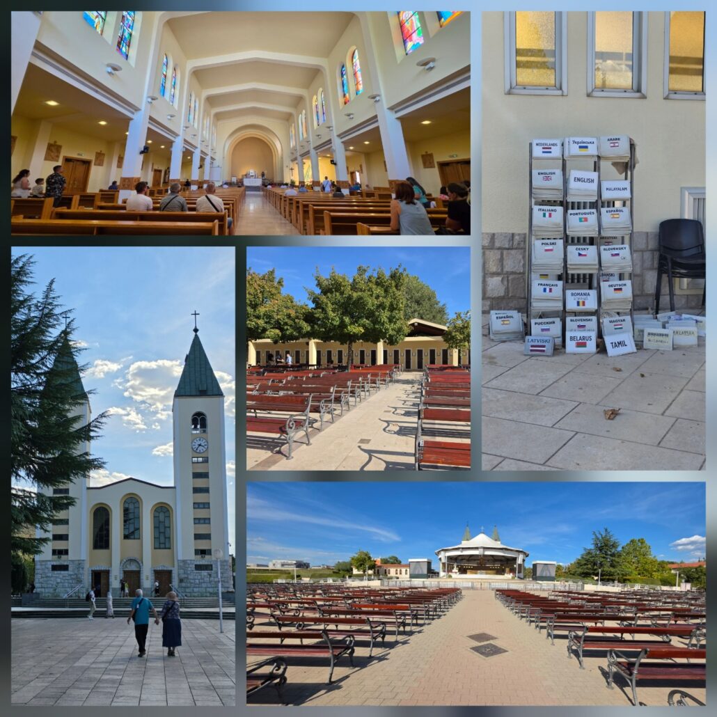 A collage showing the interior of St. James Church in Međugorje, its exterior and bell tower, an outdoor seating area, and signs offering prayer materials in multiple languages.