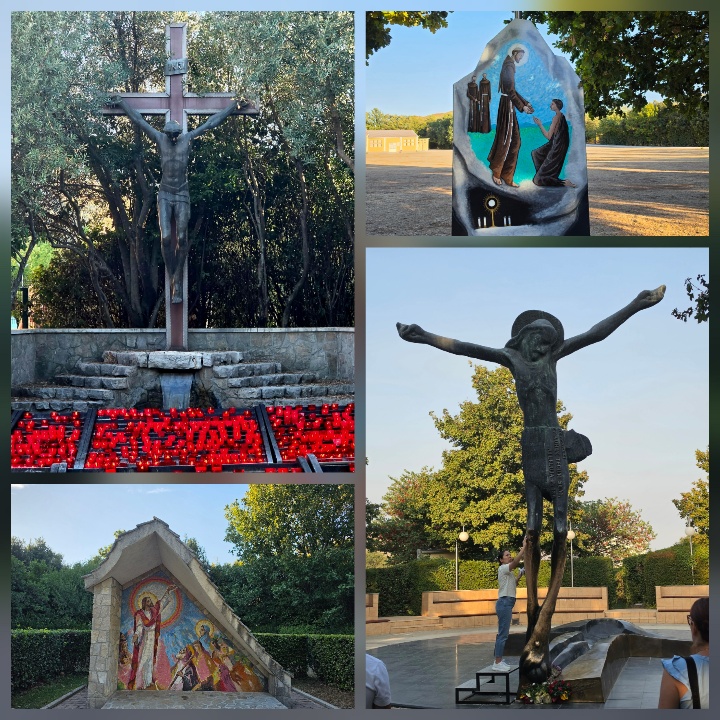 A collage of religious sites and artwork in Međugorje, including a large crucifix surrounded by red candles, a religious mosaic, a stone relief, and a bronze statue of Jesus.