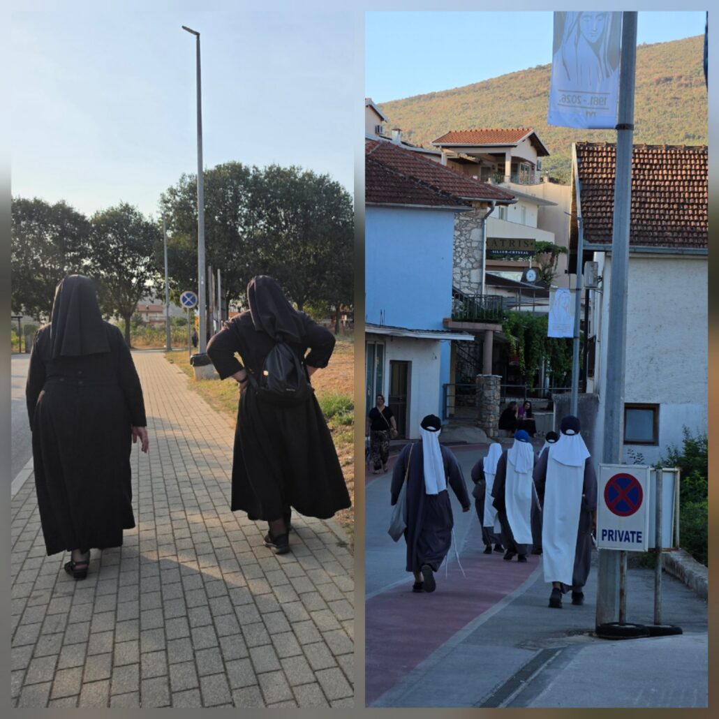 Two photographs showing Catholic religious sisters walking through the streets of Međugorje, with the town, shops, pilgrimage banners, and surrounding hills visible in the background.