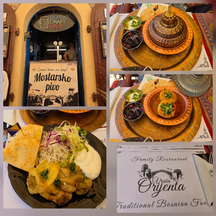 Traditional Bosnian meal at Restaurant Oryenta in Mostar, including grilled meat, vegetables, salad and flatbread served on decorative dishes.