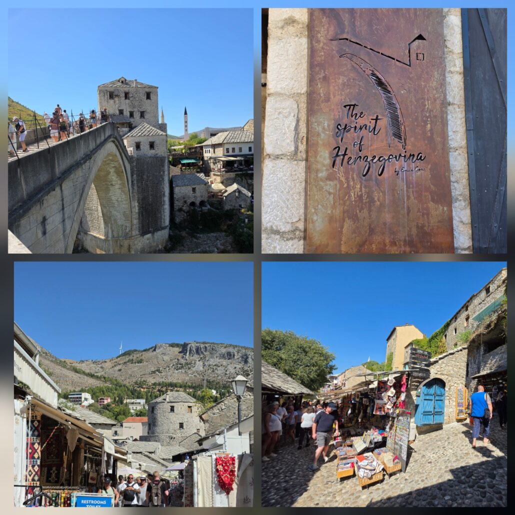 Collage of Mostar's Old Bridge, traditional stone buildings and busy bazaar streets, with the rugged mountains of Herzegovina in the background.