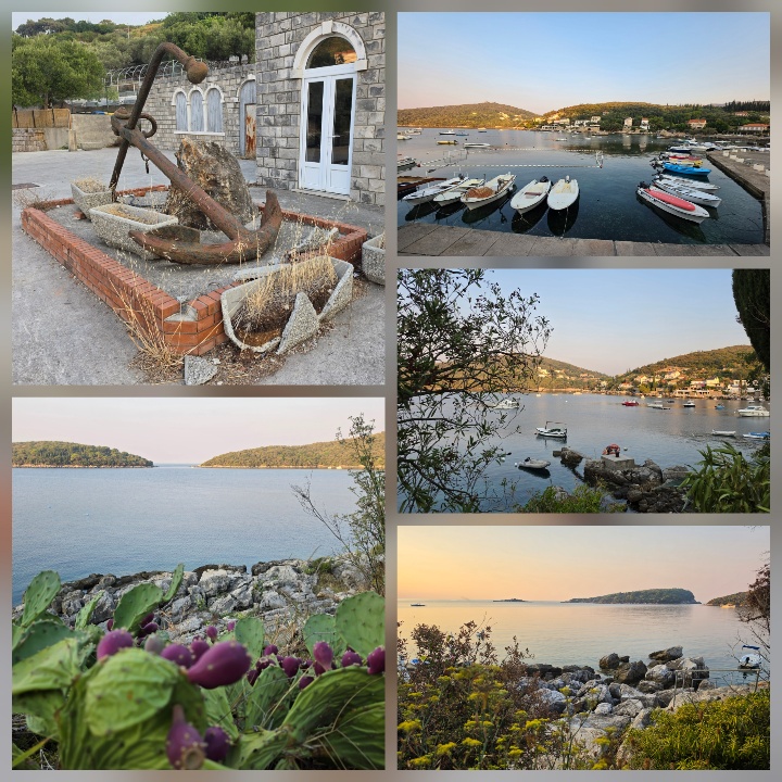 A collage of coastal scenes at Molunat, including an old anchor monument, small boats in a sheltered bay, rocky shorelines, wooded hills and views across the sea.
