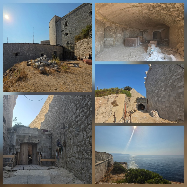 A collage showing the interior and exterior of a historic stone fortress at Prevlaka, including defensive walls, tunnels, rooms, an entrance passage and a panoramic view of the Adriatic Sea.