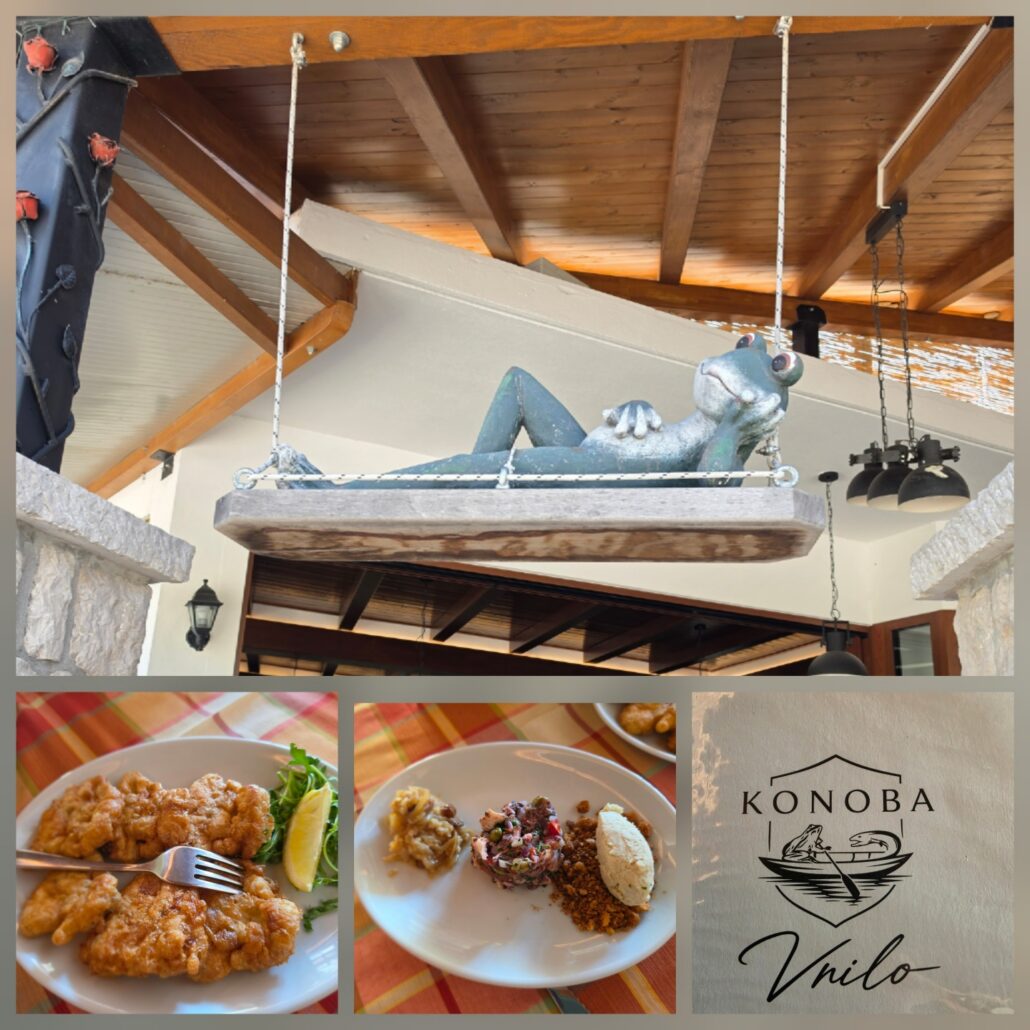 “Collage from Konoba Vrilo showing a suspended frog sculpture, plates of traditional Neretva dishes, and the restaurant’s frog-and-eel logo.”
